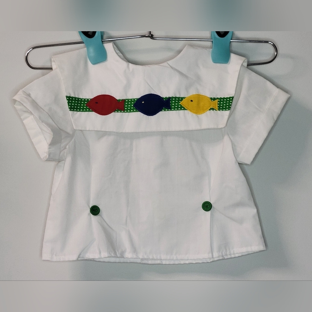 Vintage 90s Robert Jackson White Red Blue Yellow Fish Shirt Top Formal Boys 3T